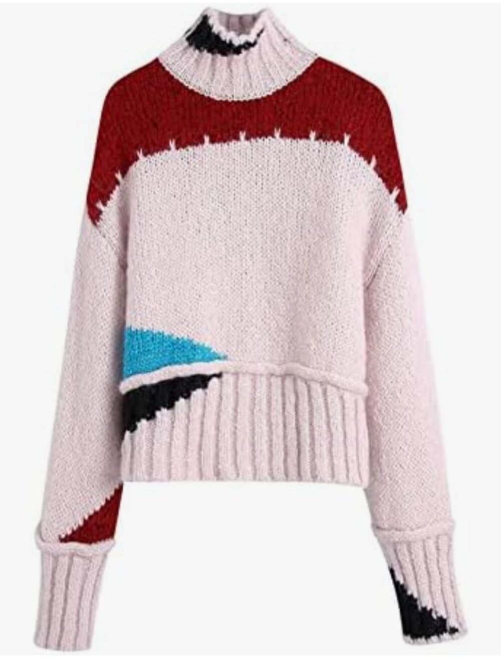 Zara Size M Colorblock Wool Blend Chunky Knit High Neck Sweater Light Pink Girly